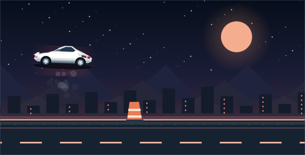Zrzut z gry Night Hopper: biały samochód podczas skoku nad przeszkodą na nocnej trasie